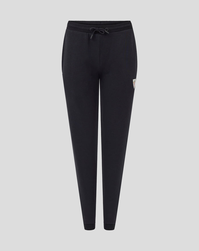 Front view of black women's core joggers with a drawstring waistband and crest patch