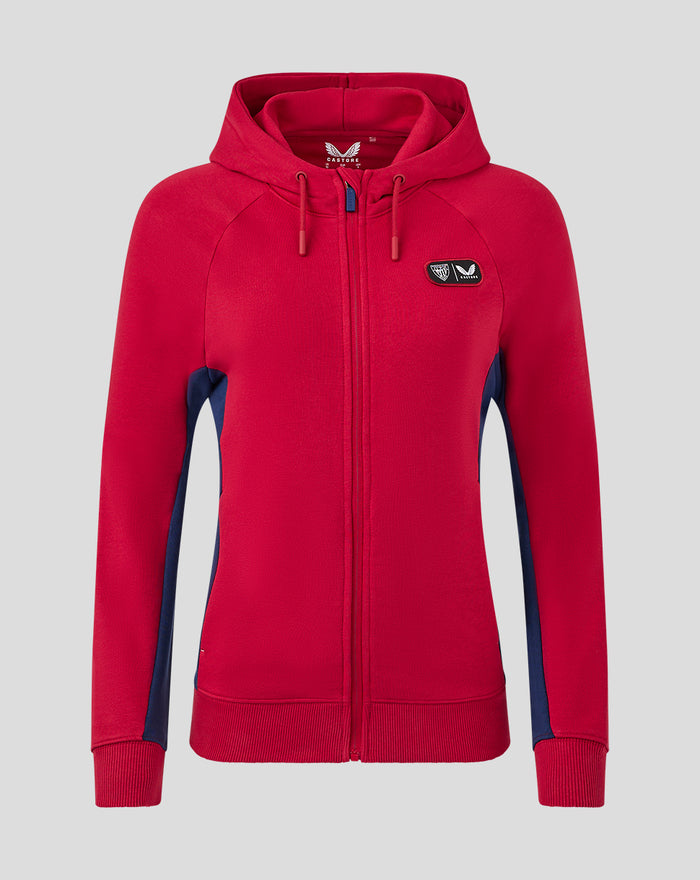 Front view of red women's Athletic Club fleece full zip jacket with hood blue side panels and chest badge