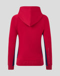 Back view of red women's Athletic Club fleece hooded jacket showing the hood and fitted hem