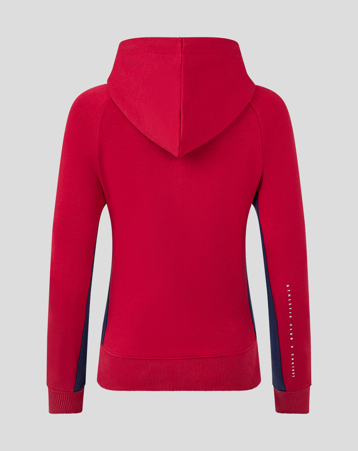Back view of red women's Athletic Club fleece hooded jacket showing the hood and fitted hem