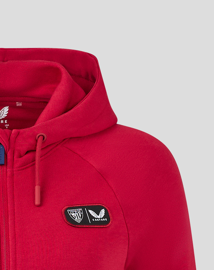 Red hooded women's athletic club fleece jacket with chest logo patch