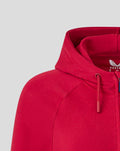 Hooded red women's athletic club fleece full zip jacket close up at the neck with drawstrings
