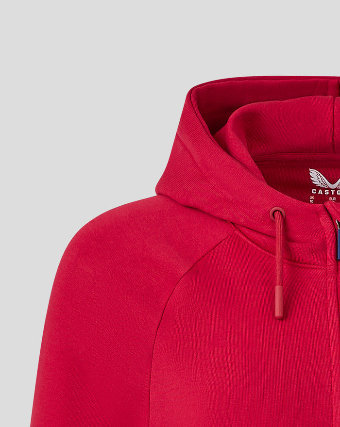 Hooded red women's athletic club fleece full zip jacket close up at the neck with drawstrings