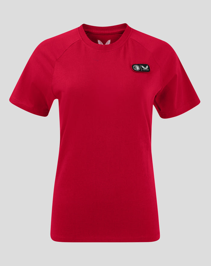 Red women's cotton tee with a small black logo patch on the chest.