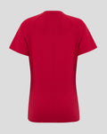 Back view of a red women's cotton tee showing clean seams and a rounded hem.