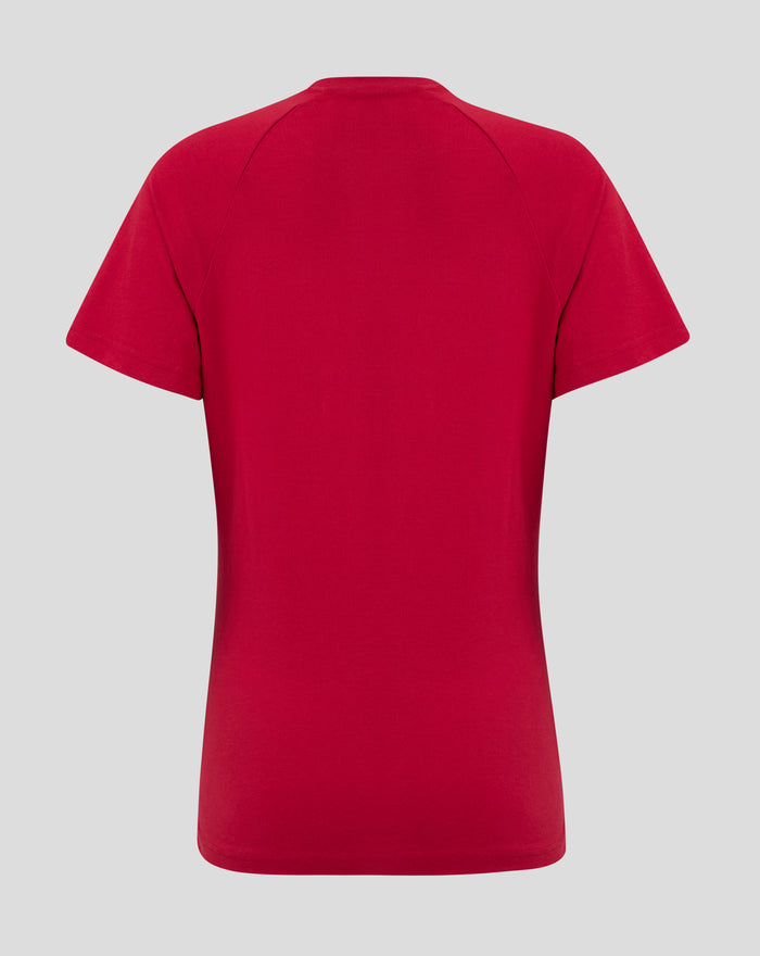 Back view of a red women's cotton tee showing clean seams and a rounded hem.