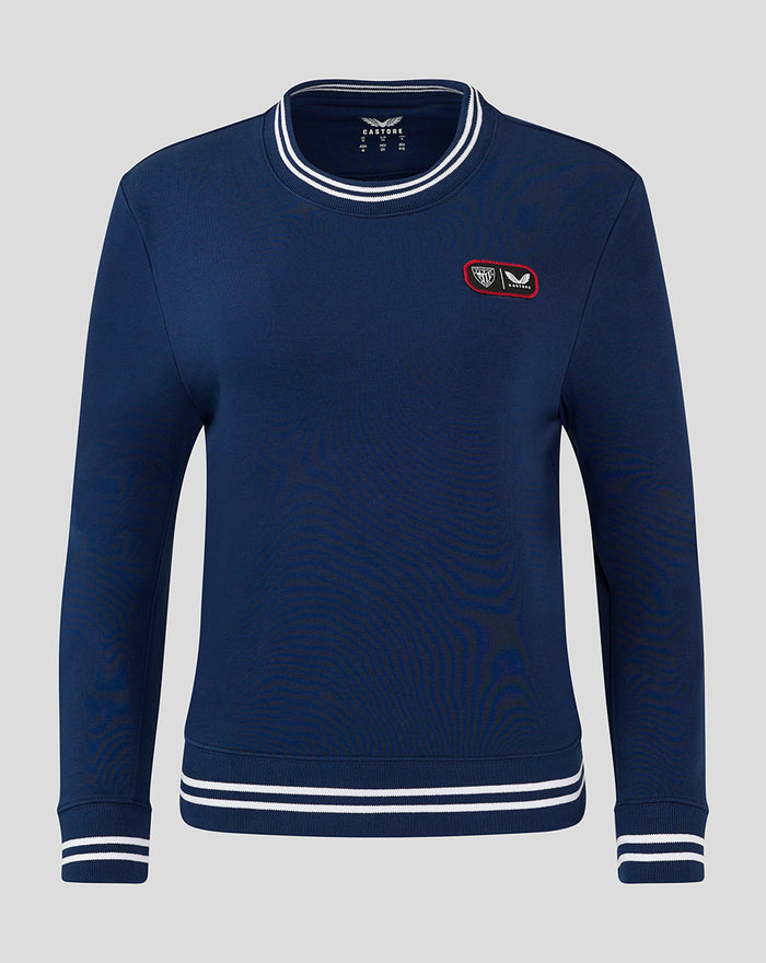 Navy women's cropped fleece crew with white striped collar and cuffs and a chest patch