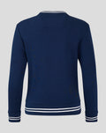 Back view of navy women's cropped fleece crew with white striped hems and collar trim