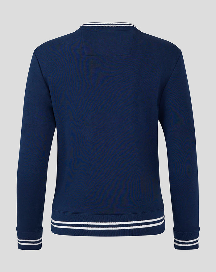 Back view of navy women's cropped fleece crew with white striped hems and collar trim