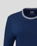 Close up of navy cropped fleece crewneck showing shoulder and white striped collar trim