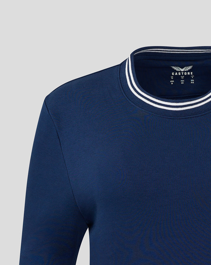 Close up of navy cropped fleece crewneck showing shoulder and white striped collar trim