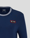 Navy cropped fleece crewneck with white striped ribbed collar and small chest patch logo