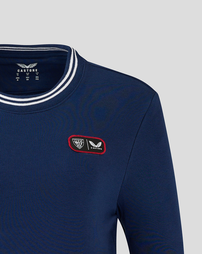 Navy cropped fleece crewneck with white striped ribbed collar and small chest patch logo