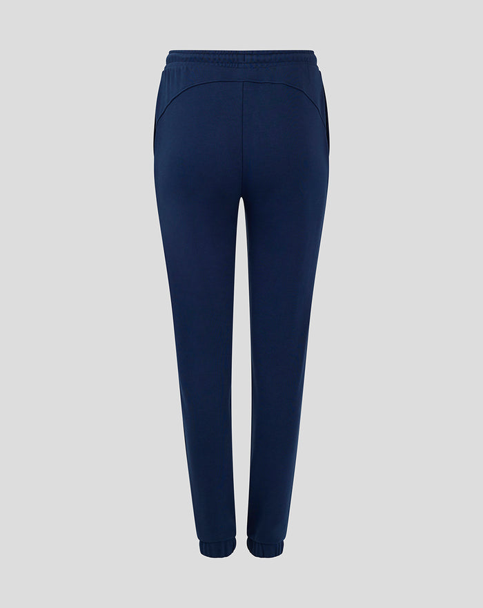 Back view of navy women's club jogger showing curved yoke and elastic cuffs.