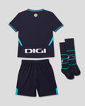 Athletic Club Away Infant Kit laid flat: navy short sleeve shirt with turquoise collar and shoulder trim and crest, matching navy shorts with turquoise panels, and turquoise striped socks.