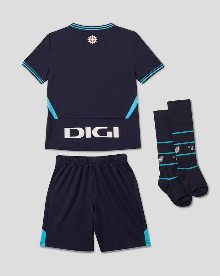 Athletic Club Away Infant Kit laid flat: navy short sleeve shirt with turquoise collar and shoulder trim and crest, matching navy shorts with turquoise panels, and turquoise striped socks.
