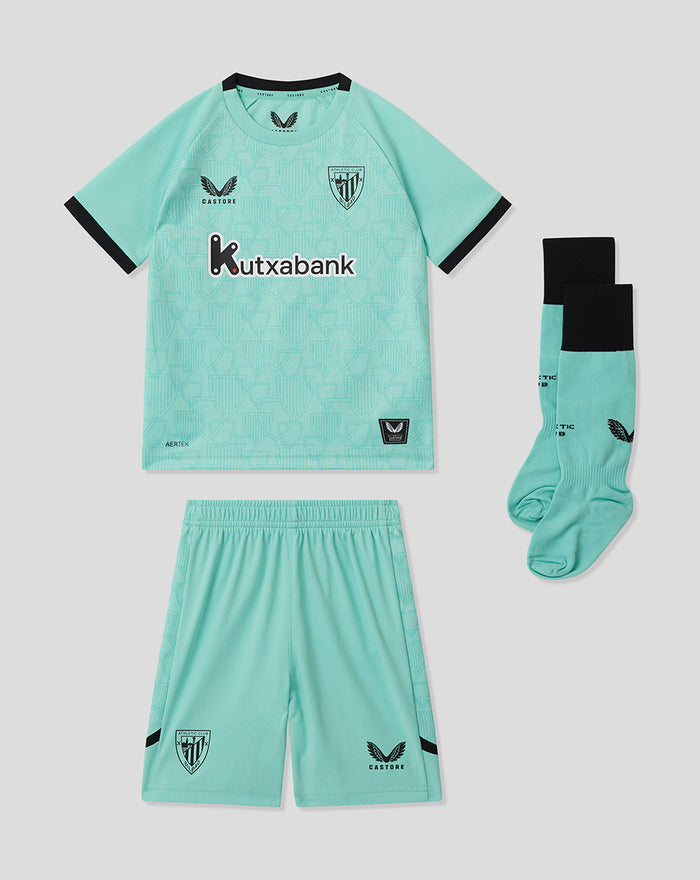 Flat lay mint teal Athletic Club 3rd Infant Kit featuring a shirt with crest and sponsor, matching shorts and socks.