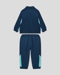 Back view of infant navy athletic club knit tracksuit jacket with contrasting light blue panels