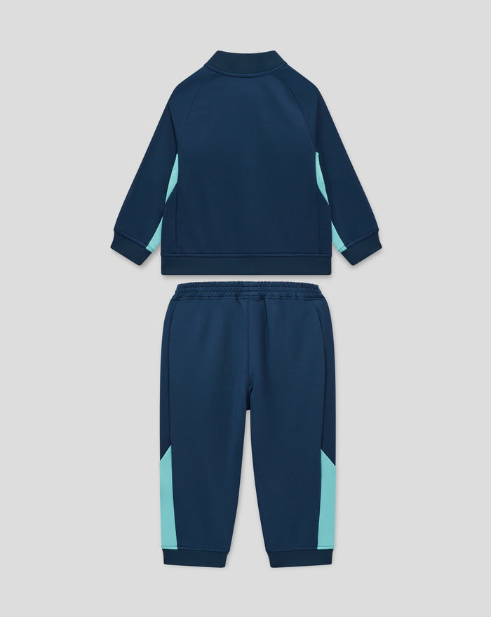 Back view of infant navy athletic club knit tracksuit jacket with contrasting light blue panels