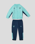 Infant Athletic Club performance knit suit outfit with turquoise jacket showing crest on chest and Castore logo, paired with navy shorts