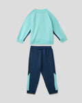 Back view of infant Athletic Club performance knit suit with turquoise jacket navy side panels and matching navy pants