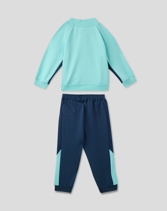 Back view of infant Athletic Club performance knit suit with turquoise jacket navy side panels and matching navy pants