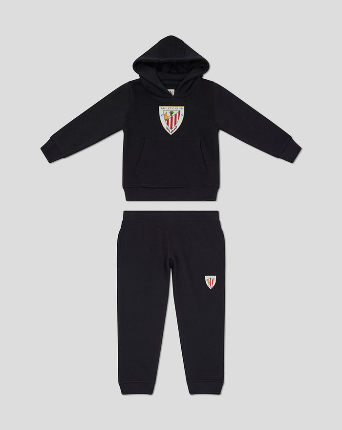 Black infant sweat set with hooded sweatshirt and matching pants featuring crest patches