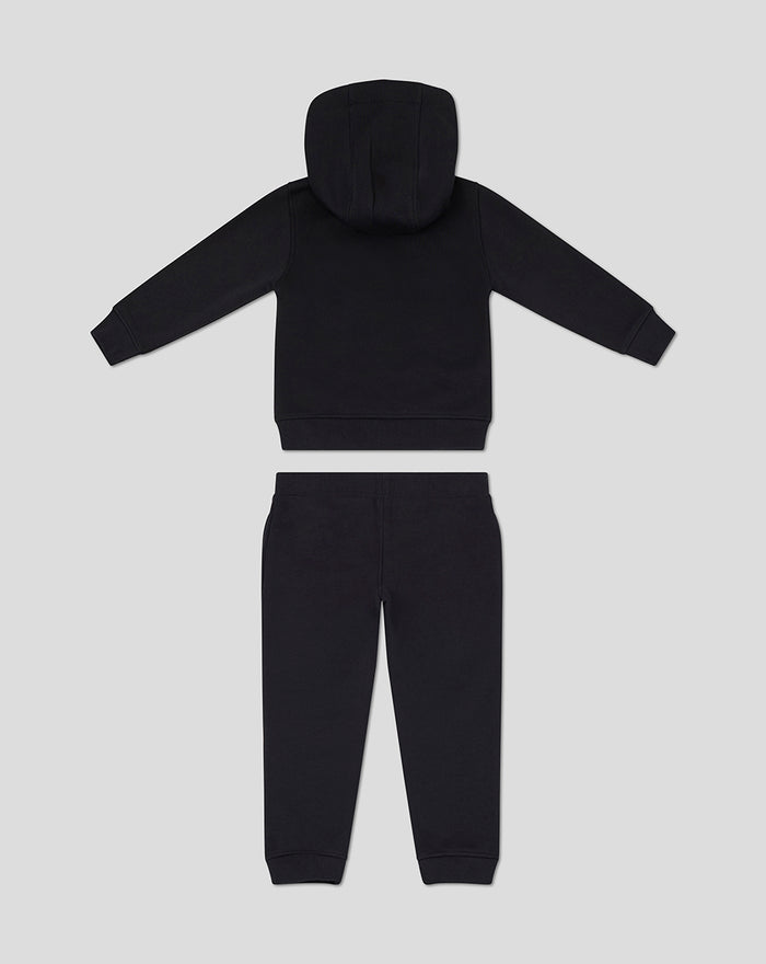 Black infant sweat set with hooded top and matching pants laid flat