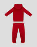 Back view of red infant sweat set with a hooded sweatshirt and matching pants.