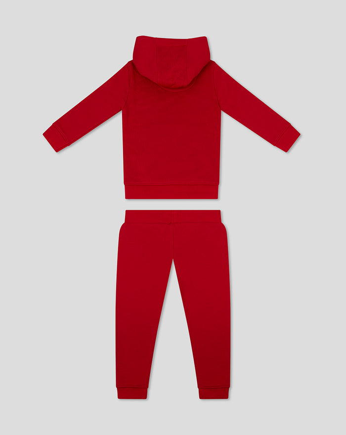 Back view of red infant sweat set with a hooded sweatshirt and matching pants.