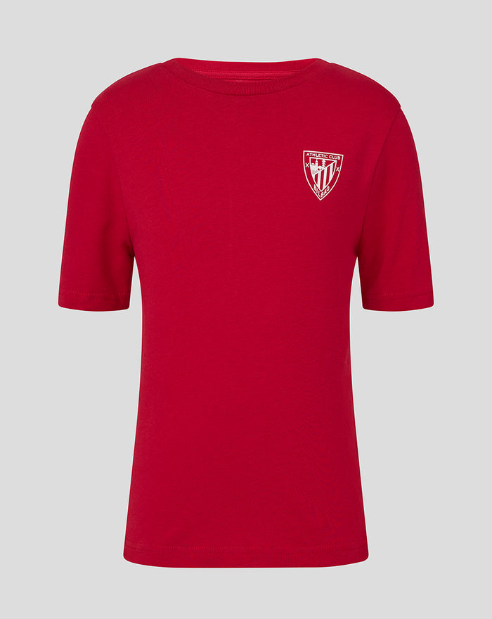 Red junior Crest tee with a white shield logo on the left chest