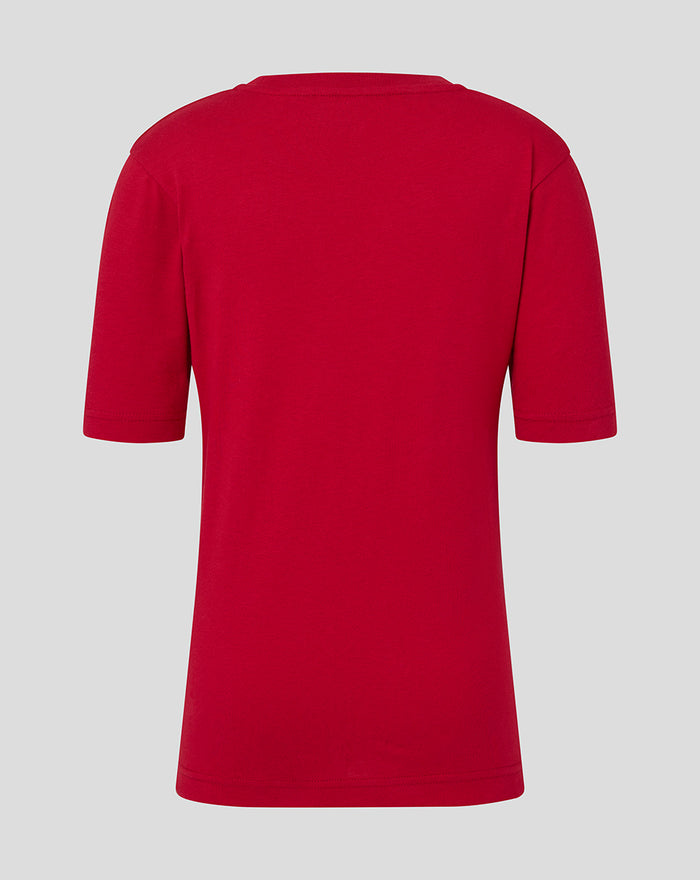Back view of red junior Crest tee with short sleeves