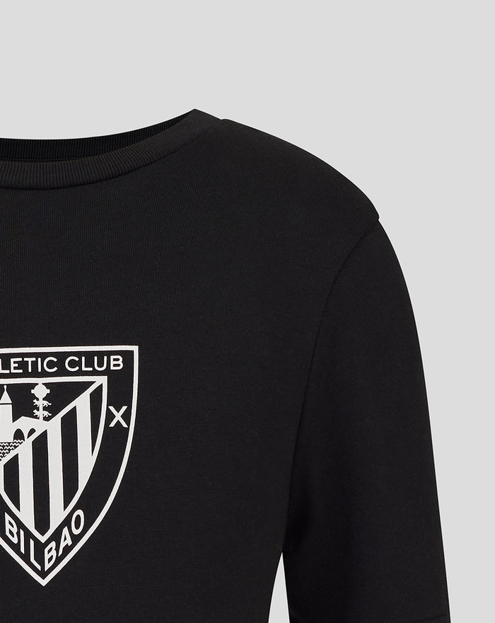 Close up of black junior Athletic Club core logo T shirt showing crest on chest