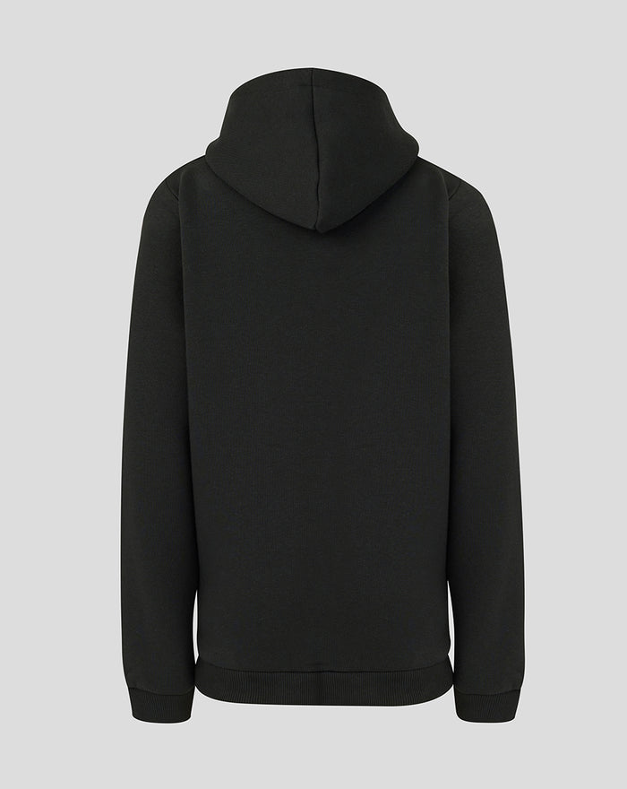 Back view of black junior Athletic Club hoodie with hood resting over the shoulders