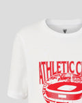Close-up of the red Athletic Club Stadium graphic on the white junior tee showing the letters and stadium image