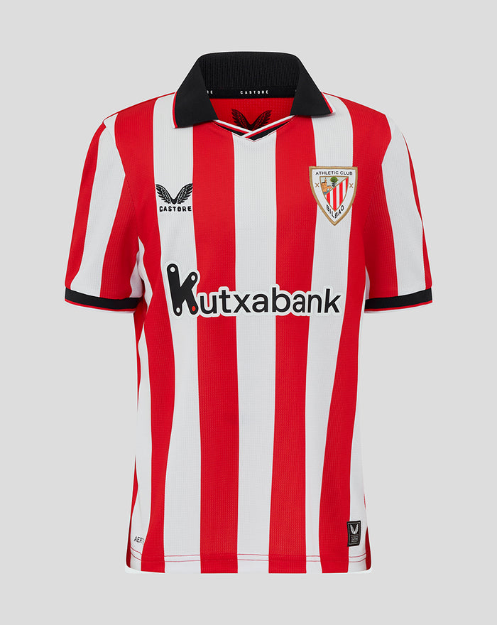 Front view of junior Athletic Club Home Short Sleeve Shirt with red and white stripes crest and Kutxabank sponsor