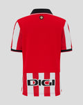 Back view of red Athletic Club home shirt with white vertical stripes at hem and a large DIGI sponsor across the lower back