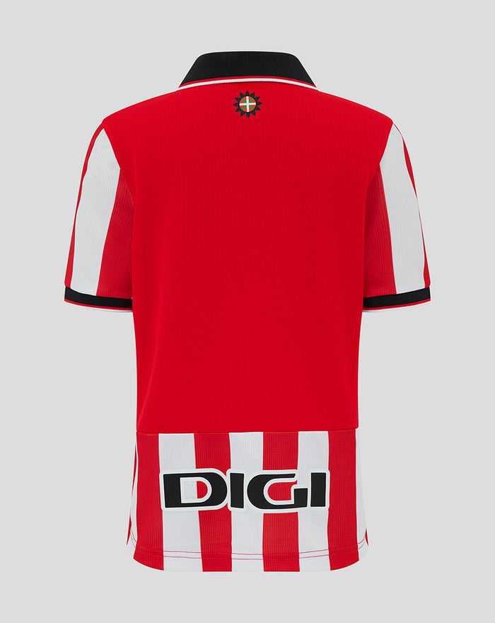 Back view of red Athletic Club home shirt with white vertical stripes at hem and a large DIGI sponsor across the lower back