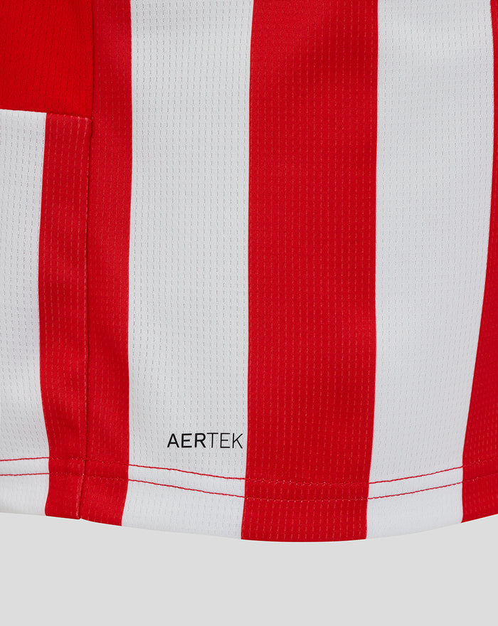Close-up of red and white striped fabric on Athletic Club shirt with AerTek label.
