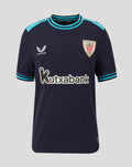 Front view of junior navy Athletic Club Away shirt with crest badge turquoise shoulder trim and sponsor logo.