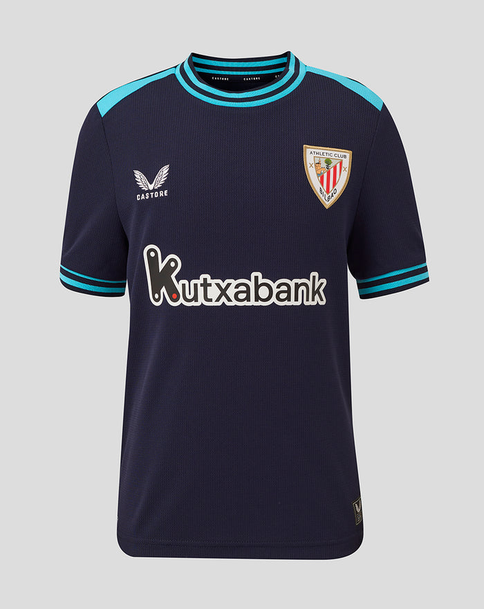 Front view of junior navy Athletic Club Away shirt with crest badge turquoise shoulder trim and sponsor logo.