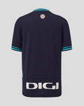 Back view of navy Junior Athletic Club Away Shirt with crest at upper back and turquoise collar and cuffs
