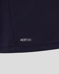 Close up of navy Athletic Club fabric with AerTek label at hem
