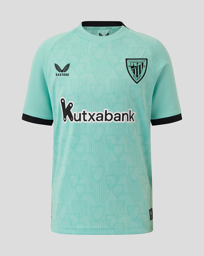 Turquoise junior Athletic Club third short sleeve shirt front with crest on left chest and Kutxabank sponsor