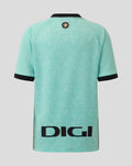 Back view of turquoise junior Athletic Club Third Short Sleeve Shirt with a crest at the upper back and bold branding along the hem.