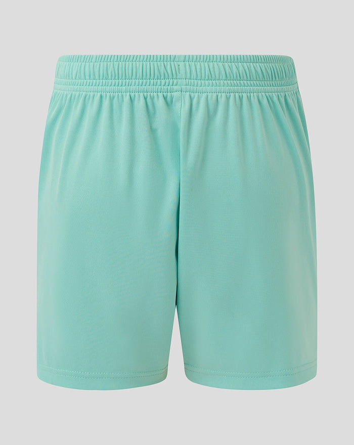 Back view of turquoise junior Athletic Club third shorts with elastic waistband
