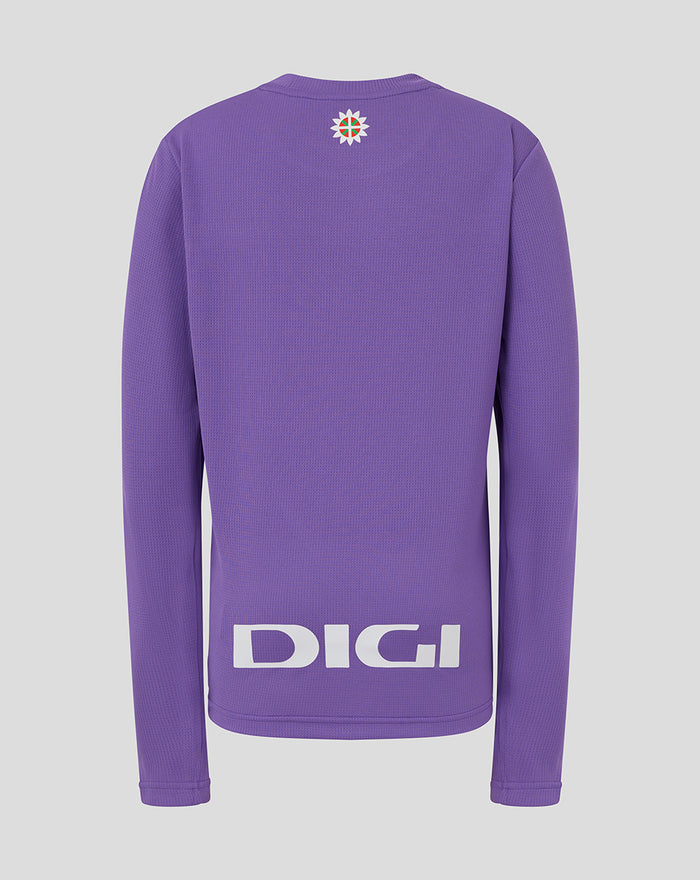 Back view of purple junior goalkeeper long sleeve shirt with small crest at upper back and bold DIGI lettering across the lower back