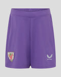Front view of purple Athletic Club goalkeeper shorts with the club crest on the left leg and Castore logo on the right.
