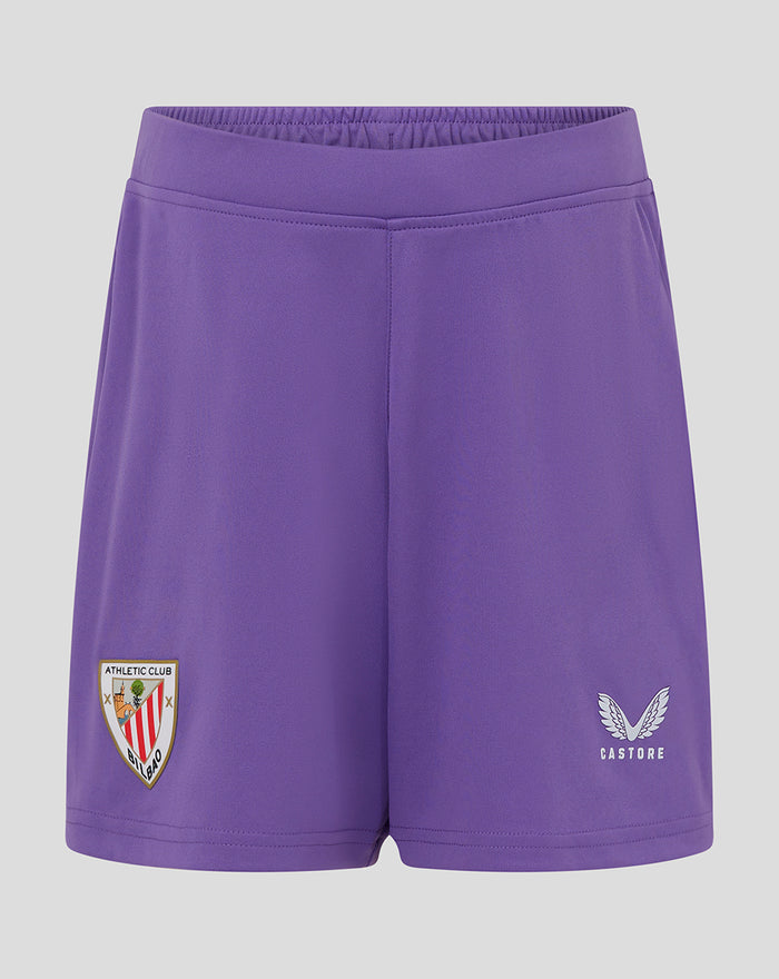 Front view of purple Athletic Club goalkeeper shorts with the club crest on the left leg and Castore logo on the right.