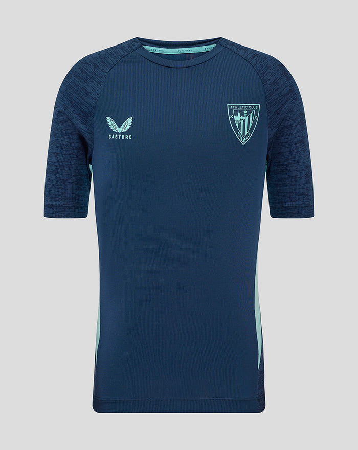 Front view of navy junior Athletic Club performance short sleeve tee with left chest crest and Castore logo